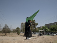 A young veiled Iraqi girl living in Iran is holding a religious flag during a religious festival to commemorate Ashura in the Dolatabad neig...