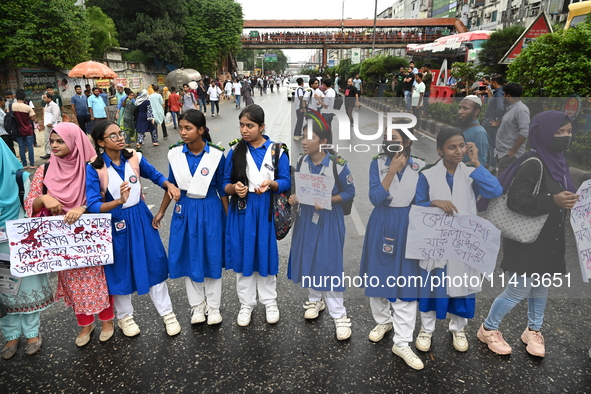 Anti-quota protesters are shouting slogans during a road-block demonstration at Banani in Dhaka, Bangladesh, on July 16, 2024. At least six...