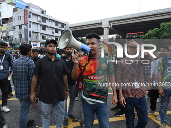 Anti-quota protesters are shouting slogans during a road-block demonstration at Banani in Dhaka, Bangladesh, on July 16, 2024. At least six...