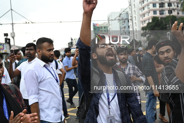 Anti-quota protesters are shouting slogans during a road-block demonstration at Banani in Dhaka, Bangladesh, on July 16, 2024. At least six...