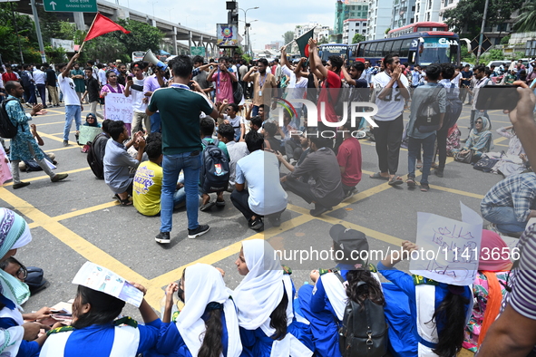 Anti-quota protesters are shouting slogans during a road-block demonstration at Banani in Dhaka, Bangladesh, on July 16, 2024. At least six...