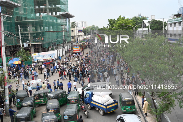 Anti-quota protesters are shouting slogans during a road-block demonstration at Banani in Dhaka, Bangladesh, on July 16, 2024. At least six...