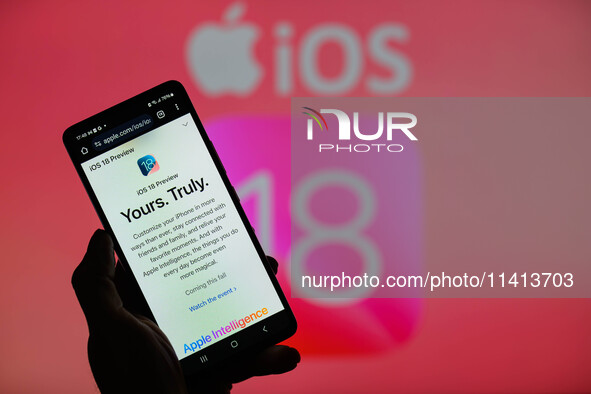 The Apple iOS 18 preview is being displayed on a smartphone with Apple iOS 18 visible in the background, in this photo illustration in Bruss...