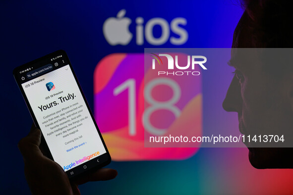 The Apple iOS 18 preview is being displayed on a smartphone with Apple iOS 18 visible in the background, in this photo illustration in Bruss...