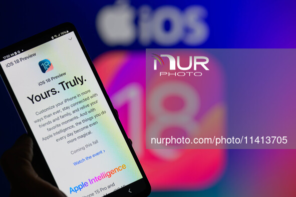 The Apple iOS 18 preview is being displayed on a smartphone with Apple iOS 18 visible in the background, in this photo illustration in Bruss...