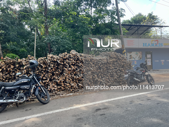 Wood is being harvested for use as firewood and is being stacked along the roadside in Punalur, Kerala, India, on April 04, 2024. 