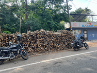 Wood is being harvested for use as firewood and is being stacked along the roadside in Punalur, Kerala, India, on April 04, 2024. (