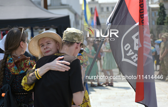 People are paying their last respects to the commander of the OUN volunteer battalion Mykola Kokhanivskyi, who died near Vovchansk in Kharki...