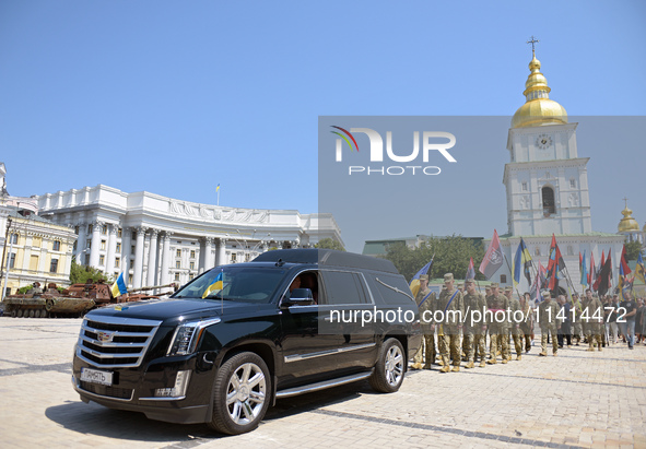 The funeral procession with the coffin of the commander of the OUN volunteer battalion Mykola Kokhanivskyi, who died near Vovchansk in Khark...