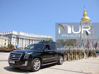 The funeral procession with the coffin of the commander of the OUN volunteer battalion Mykola Kokhanivskyi, who died near Vovchansk in Khark...