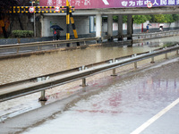 People are wading through water at the Nanyuan overpass in Shizhong District of Zaozhuang city, East China's Shandong province, on July 17,...