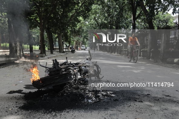 Students are leaving the Dhaka University dormitory as violence is erupting in Dhaka, Bangladesh, on July 17, 2024. 