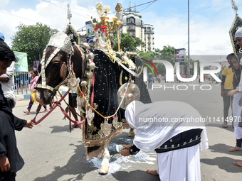 A Shiite Muslim woman is breaking down as she mourns during a procession to mark Ashura, in south Kolkata, India, on July 17, 2024. Ashura i...