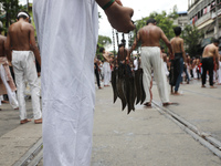 A Shi'ite Muslim is holding knives tied with a chain for flagellating himself during a Muharram procession marking Ashura, in Kolkata, India...