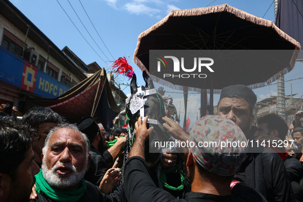 Kashmiri Shiite Muslims are reenacting the scene by touching the horse during a religious procession on the tenth day of Ashura in the Islam...