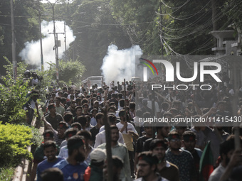 Police are firing tear gas towards anti-quota protestors in Dhaka, Bangladesh, on July 17, 2024. (