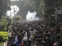 Police are firing tear gas towards anti-quota protestors in Dhaka, Bangladesh, on July 17, 2024. (