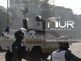 Police are firing tear gas towards anti-quota protestors in Dhaka, Bangladesh, on July 17, 2024. (