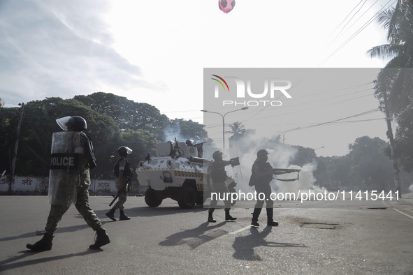 Police are firing tear gas towards anti-quota protestors in Dhaka, Bangladesh, on July 17, 2024. 