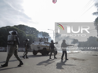 Police are firing tear gas towards anti-quota protestors in Dhaka, Bangladesh, on July 17, 2024. (