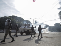 Police are firing tear gas towards anti-quota protestors in Dhaka, Bangladesh, on July 17, 2024. (