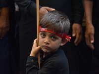 A Kashmiri Shia Muslim kid is participating in the Ashura procession in Srinagar, Indian Administered Kashmir, on July 17, 2024. (