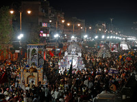 Indian Muslims are carrying 'Tazias' as they are taking part in a Muharram procession in Jaipur, Rajasthan, India, on July 17, 2024. During...