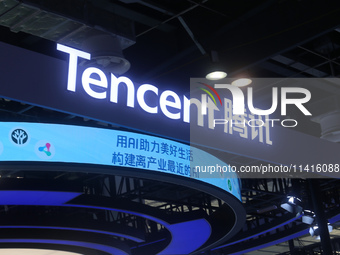 Tencent is participating at the World Artificial Intelligence Conference 2024 in Shanghai, China, on July 5, 2024, displaying Tencent Cloud...