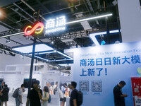 Visitors are visiting the Sensetime booth at the 2024 World Artificial Intelligence Conference in Shanghai, China, on July 5, 2024. (