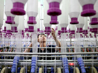 A worker is working on a textile production line in Fuzhou, China, on July 17, 2024. (