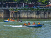 Armed police are training for flood control and rescue in Baise, China, on July 12, 2024. (