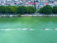 Armed police are training for flood control and rescue in Baise, China, on July 12, 2024. (