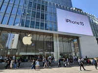 Customers are shopping for the iPhone 15 at the flagship store of Apple Smart Products on Nanjing Road Pedestrian Street in Shanghai, China,...