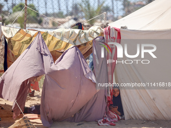 Displaced Palestinian children are playing together in the water in swimming pools in a makeshift camp during hot weather in Deir el-Balah,...