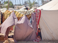 Displaced Palestinian children are playing together in the water in swimming pools in a makeshift camp during hot weather in Deir el-Balah,...