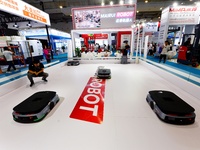 An automated mobile robot is being displayed at the 26th China Qingdao International Industrial Automation Technology and Equipment Exhibiti...