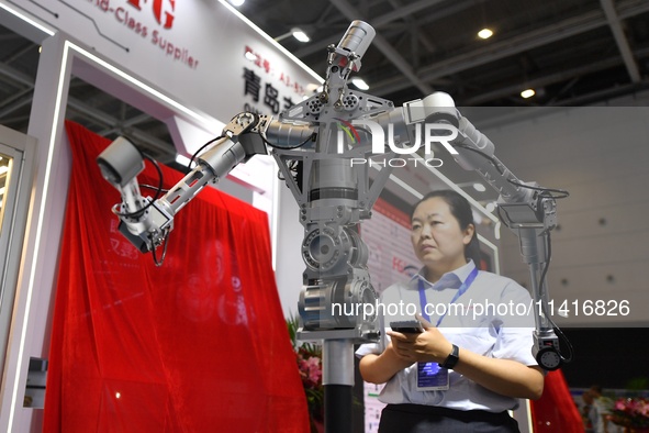 A humanoid robot drive system is being displayed by an exhibitor at the 26th China Qingdao International Industrial Automation Technology an...