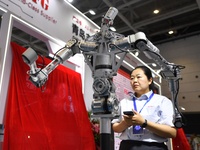 A humanoid robot drive system is being displayed by an exhibitor at the 26th China Qingdao International Industrial Automation Technology an...