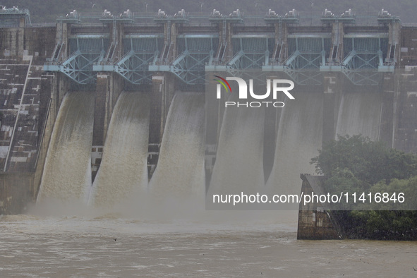 Daecheong Dam is discharging 500 tons of water per second to lower the water level amid heavy rain in Cheongju, around 140 kilometers south...