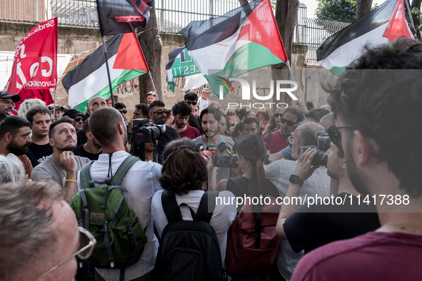 A moment of the demonstration outside the RAI headquarters in Naples, Italy, on July 18, 2024, is happening in response to the complaints ab...