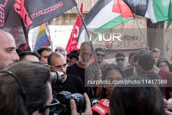 A moment of the demonstration outside the RAI headquarters in Naples, Italy, on July 18, 2024, is happening in response to the complaints ab...