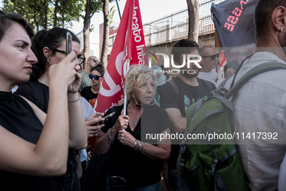 A moment of the demonstration outside the RAI headquarters in Naples, Italy, on July 18, 2024, is happening in response to the complaints ab...