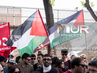 A moment of the demonstration outside the RAI headquarters in Naples, Italy, on July 18, 2024, is happening in response to the complaints ab...