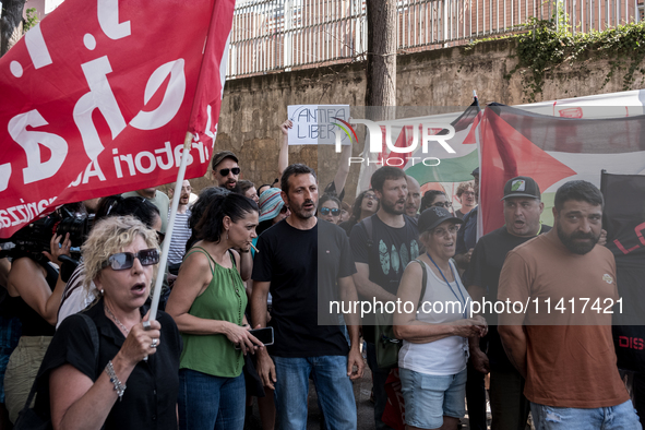 A moment of the demonstration outside the RAI headquarters in Naples, Italy, on July 18, 2024, is happening in response to the complaints ab...