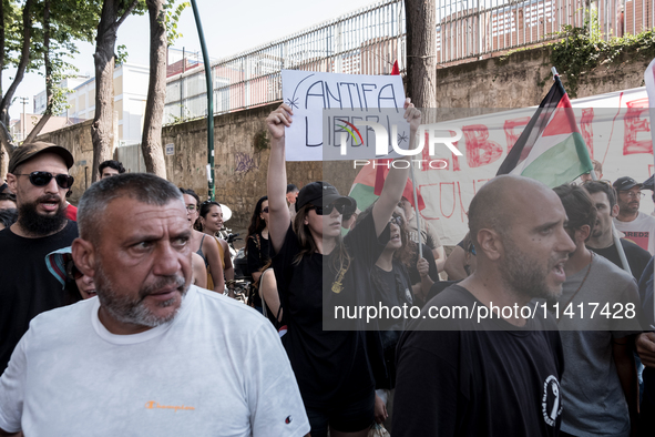 A moment of the demonstration outside the RAI headquarters in Naples, Italy, on July 18, 2024, is happening in response to the complaints ab...