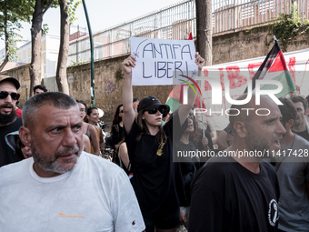 A moment of the demonstration outside the RAI headquarters in Naples, Italy, on July 18, 2024, is happening in response to the complaints ab...