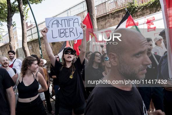 A moment of the demonstration outside the RAI headquarters in Naples, Italy, on July 18, 2024, is happening in response to the complaints ab...