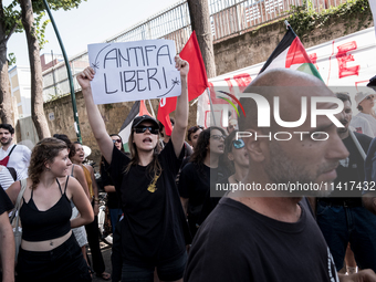 A moment of the demonstration outside the RAI headquarters in Naples, Italy, on July 18, 2024, is happening in response to the complaints ab...