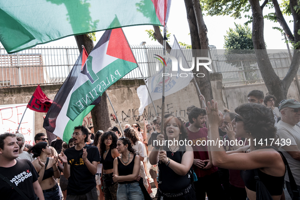 A moment of the demonstration outside the RAI headquarters in Naples, Italy, on July 18, 2024, is happening in response to the complaints ab...