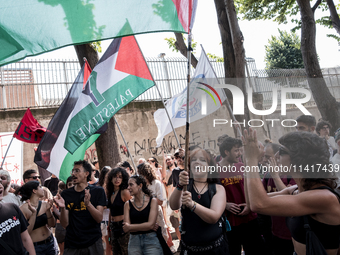 A moment of the demonstration outside the RAI headquarters in Naples, Italy, on July 18, 2024, is happening in response to the complaints ab...